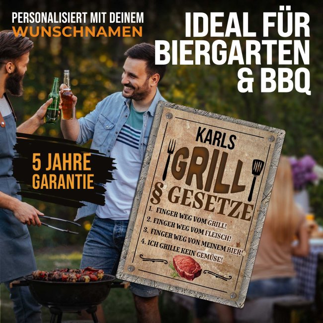 Outdoorschild Grillen - Grillgesetze - mit Name - in 2 Gr&ouml;&szlig;en