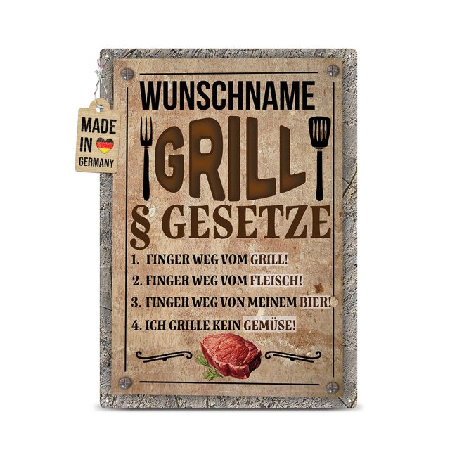Outdoorschild Grillen - Grillgesetze - mit Name - in 2 Gr&ouml;&szlig;en