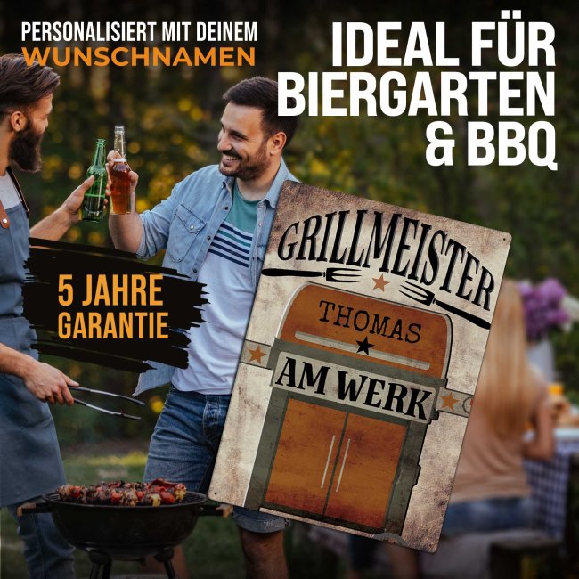 Outdoorschild Grillen - Grillmeister am Werk - mit Name - in 2 Gr&ouml;&szlig;en