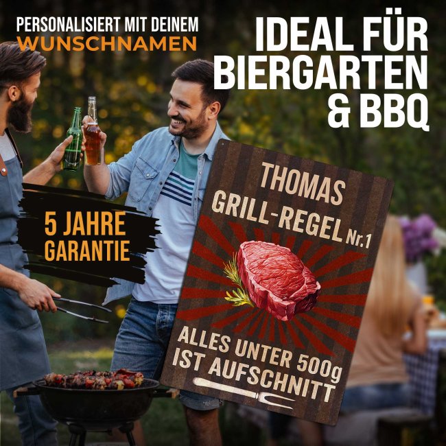 Outdoorschild Grillen - Alles unter 500 g ist Aufschnitt - mit Name - in 2 Gr&ouml;&szlig;en