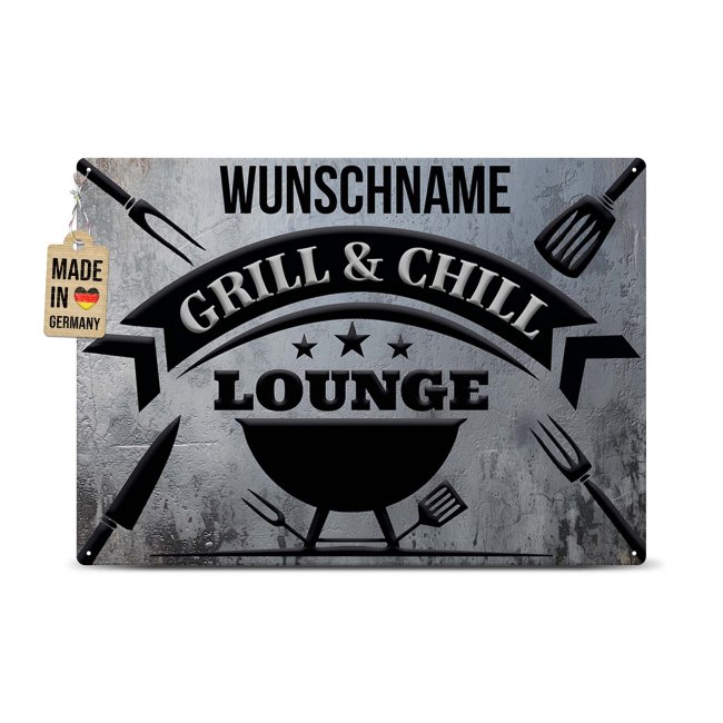 Outdoorschild Grillen - Grill &amp; Chill Lounge - mit Name - in 2 Gr&ouml;&szlig;en