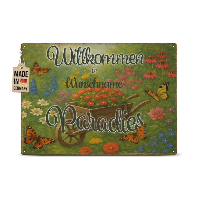 Outdoorschild - Willkommen im Paradies - mit Name - in 2 Gr&ouml;&szlig;en