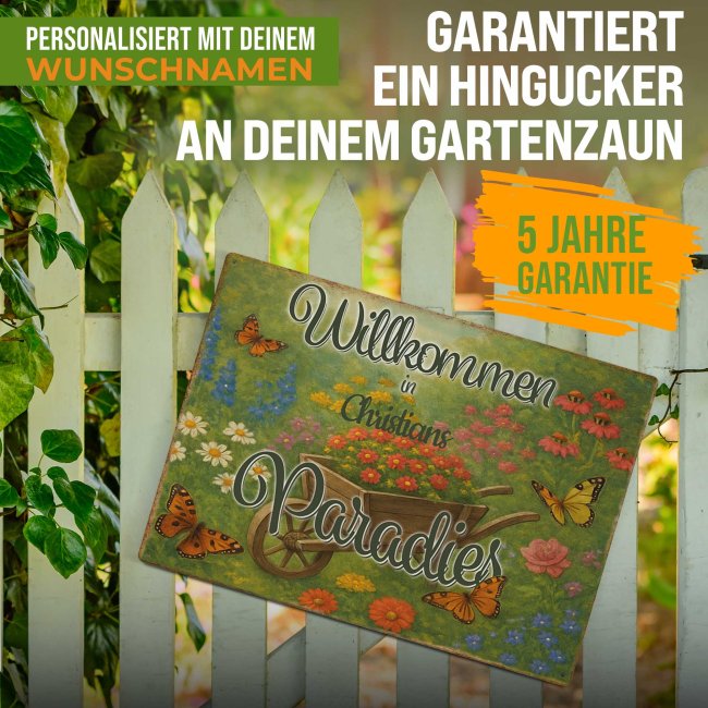 Outdoorschild - Willkommen im Paradies - mit Name - in 2 Gr&ouml;&szlig;en