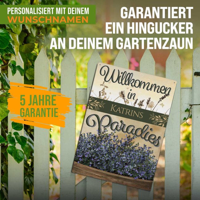 Outdoorschild - Willkommen im Paradies - mit Name - in 2 Gr&ouml;&szlig;en