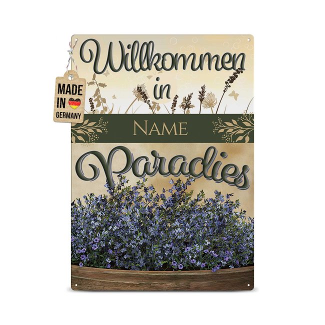 Outdoorschild - Willkommen im Paradies - mit Name - in 2 Gr&ouml;&szlig;en