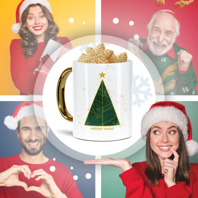 Weihnachtstasse mit Goldhenkel - Collecting Moments 2025 No. 01 - Tannenbaum - mit Text