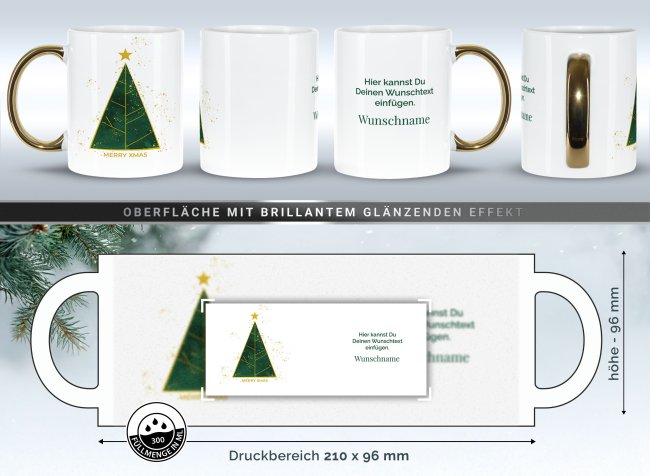 Weihnachtstasse mit Goldhenkel - Collecting Moments 2025 No. 01 - Tannenbaum - mit Text