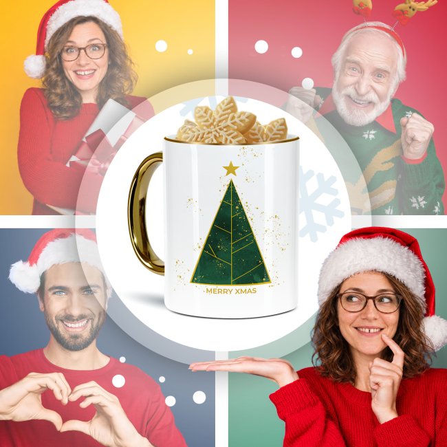 Weihnachtstasse mit Goldhenkel - Tannenbaum - mit Text