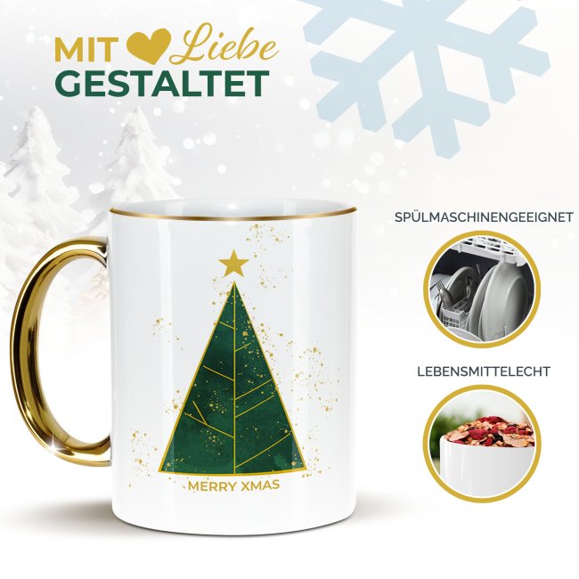 Weihnachtstasse mit Goldhenkel - Tannenbaum - mit Text