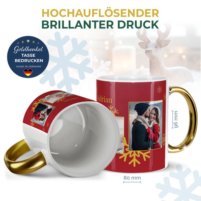Weihnachtstasse mit Goldhenkel - Collecting Moments 2025 No. 02 - Fotocollage mit 4 Fotos und Name