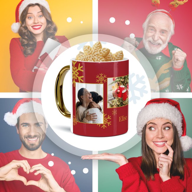 Weihnachtstasse mit Goldhenkel - Collecting Moments 2025 No. 02 - Fotocollage mit 4 Fotos und Name