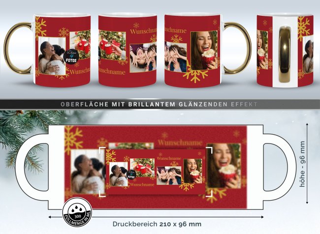 Weihnachtstasse mit Goldhenkel - Collecting Moments 2025 No. 02 - Fotocollage mit 4 Fotos und Name