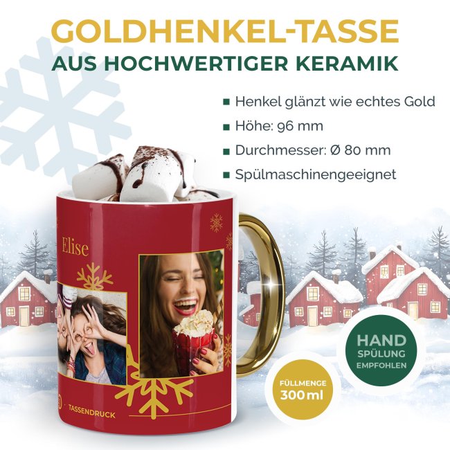 Weihnachtstasse mit Goldhenkel - Collecting Moments 2025 No. 02 - Fotocollage mit 4 Fotos und Name