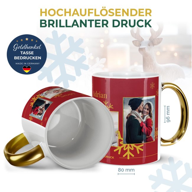 Weihnachtstasse mit Goldhenkel - Collecting Moments 2025 No. 02 - Fotocollage mit 4 Fotos und Name