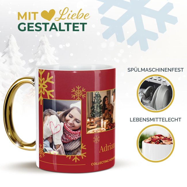 Weihnachtstasse mit Goldhenkel - Collecting Moments 2025 No. 02 - Fotocollage mit 4 Fotos und Name