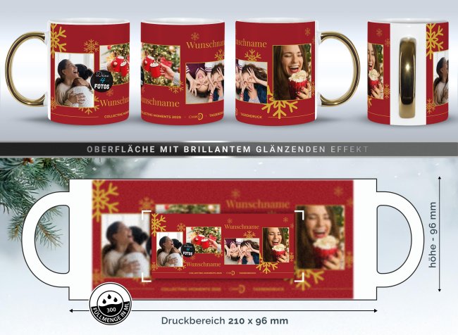 Weihnachtstasse mit Goldhenkel - Collecting Moments 2025 No. 02 - Fotocollage mit 4 Fotos und Name