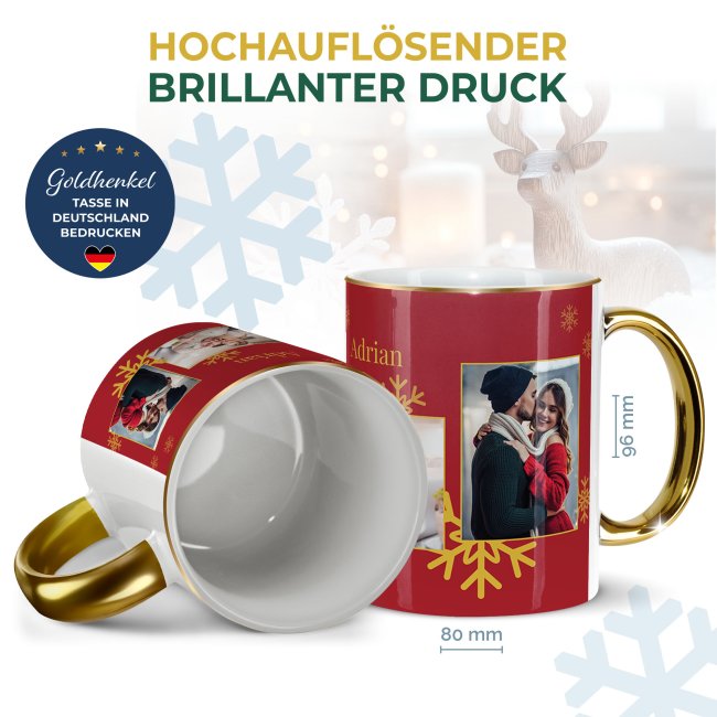 Weihnachtstasse mit Goldhenkel - Fotocollage mit 4 Fotos und Name