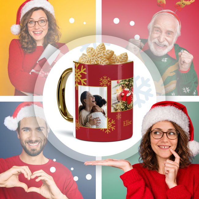 Weihnachtstasse mit Goldhenkel - Fotocollage mit 4 Fotos und Name