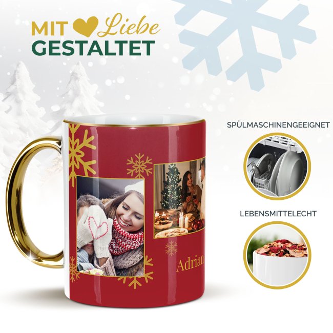 Weihnachtstasse mit Goldhenkel - Fotocollage mit 4 Fotos und Name