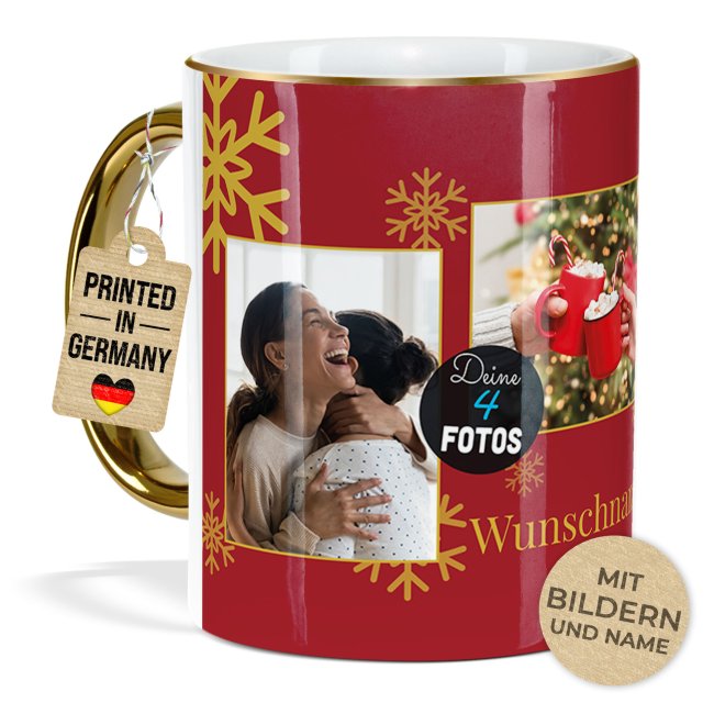 Weihnachtstasse mit Goldhenkel - Fotocollage mit 4 Fotos und Name