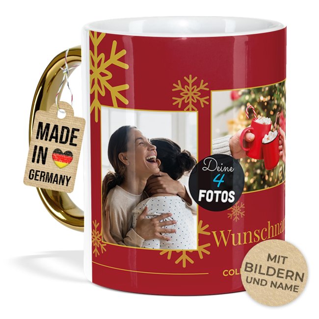Weihnachtstasse mit Goldhenkel - Collecting Moments 2025 No. 02 - Fotocollage mit 4 Fotos und Name