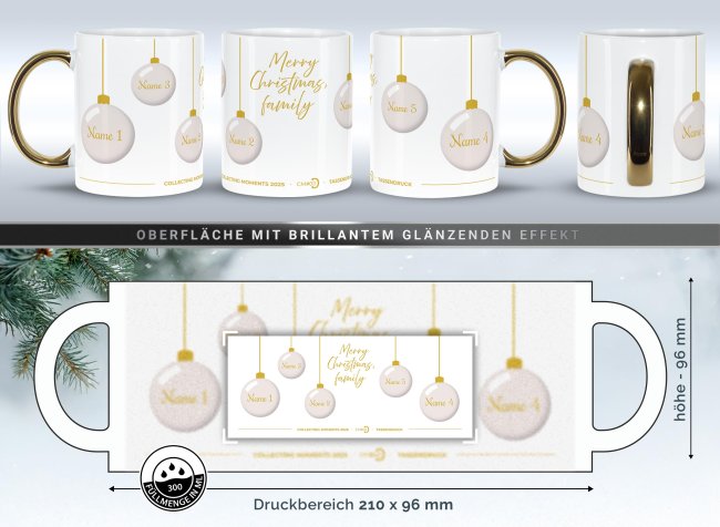 Weihnachtstasse mit Goldhenkel - Collecting Moments 2025 No. 03 - Kugeln - mit Namen