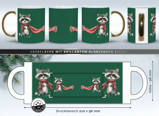 Weihnachtstasse mit Goldhenkel - Collecting Moments 2025 No. 05 - Waschb&auml;r - mit Name