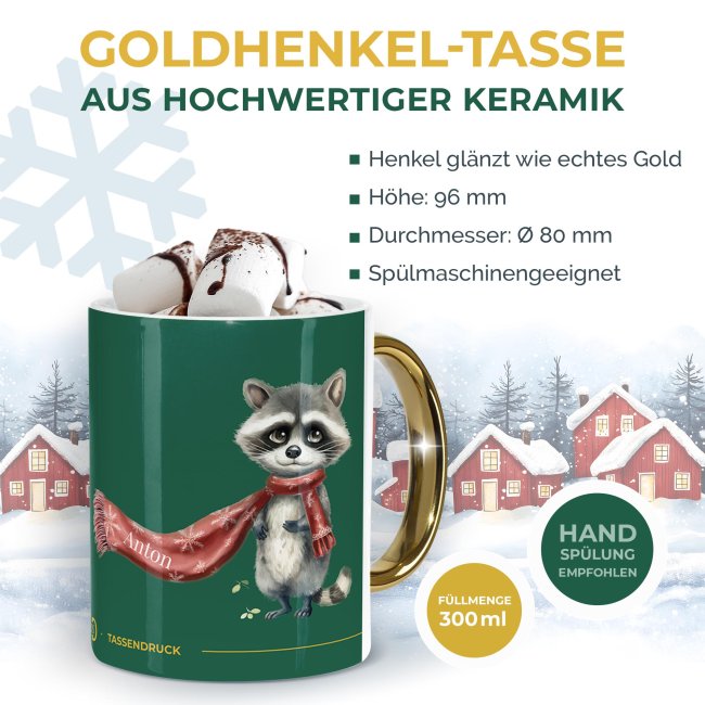 Weihnachtstasse mit Goldhenkel - Collecting Moments 2025 No. 05 - Waschb&auml;r - mit Name