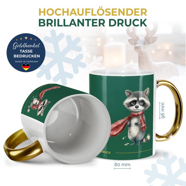 Weihnachtstasse mit Goldhenkel - Collecting Moments 2025 No. 05 - Waschb&auml;r - mit Name