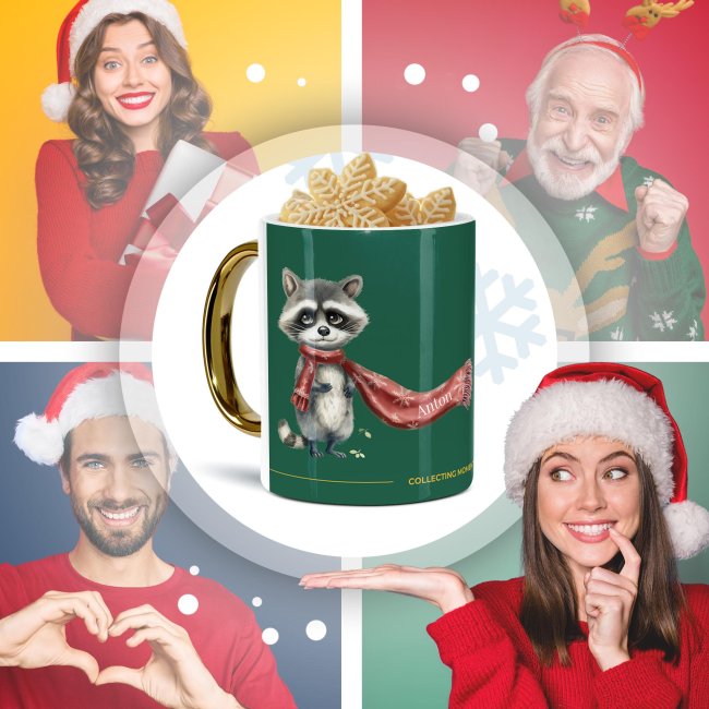 Weihnachtstasse mit Goldhenkel - Collecting Moments 2025 No. 05 - Waschb&auml;r - mit Name