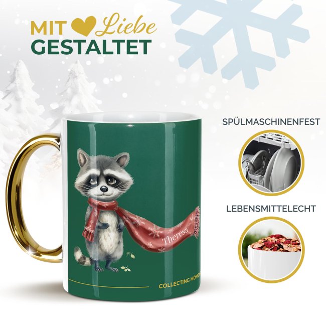 Weihnachtstasse mit Goldhenkel - Collecting Moments 2025 No. 05 - Waschb&auml;r - mit Name