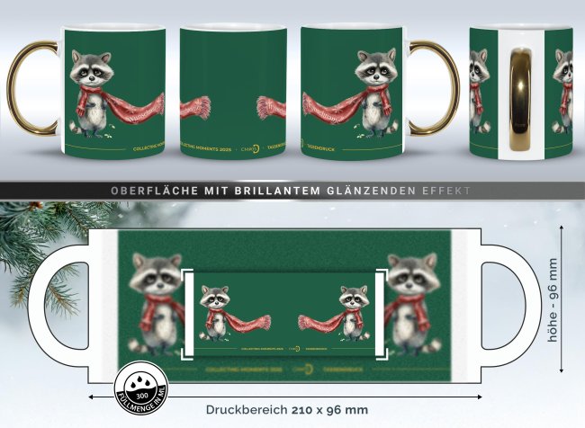 Weihnachtstasse mit Goldhenkel - Collecting Moments 2025 No. 05 - Waschb&auml;r - mit Name