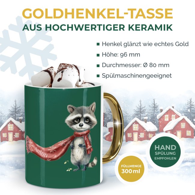 Weihnachtstasse mit Goldhenkel - Collecting Moments 2025 No. 05 - Waschb&auml;r - mit Name