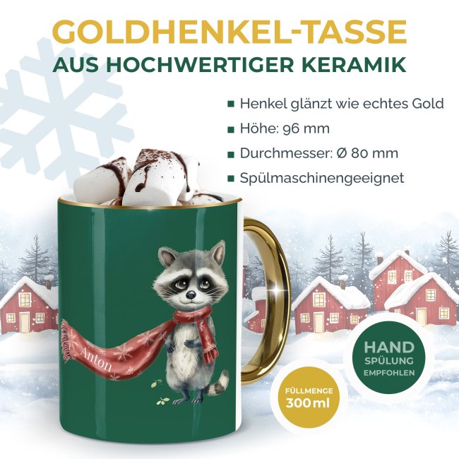 Weihnachtstasse mit Goldhenkel - Waschb&auml;r - mit Name
