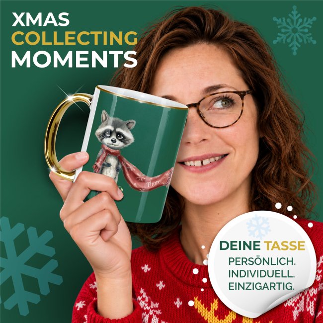 Weihnachtstasse mit Goldhenkel - Waschb&auml;r - mit Name