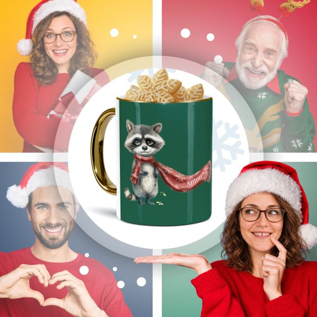 Weihnachtstasse mit Goldhenkel - Waschb&auml;r - mit Name