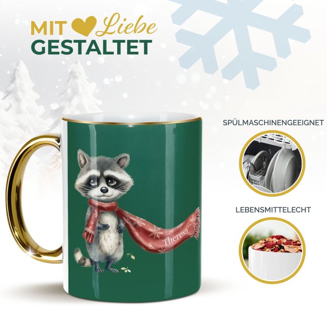 Weihnachtstasse mit Goldhenkel - Waschb&auml;r - mit Name
