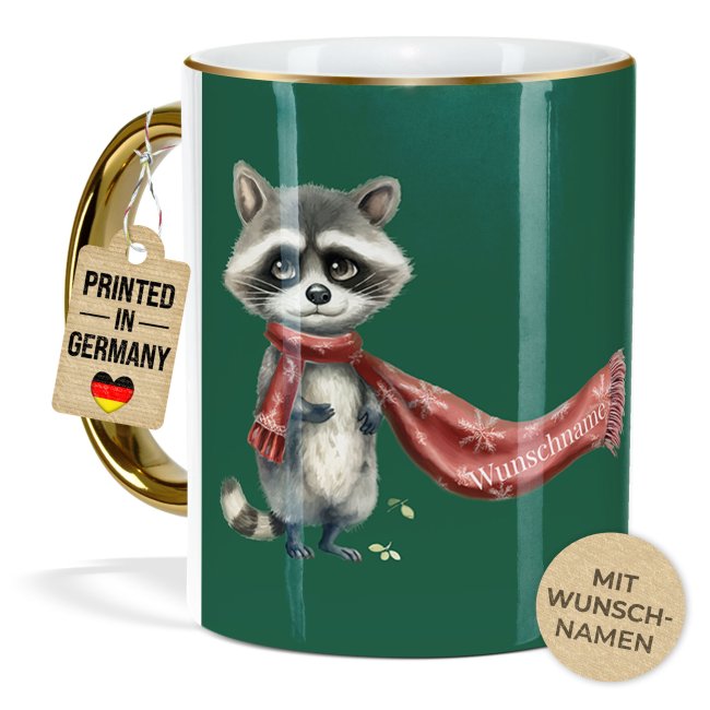 Weihnachtstasse mit Goldhenkel - Waschb&auml;r - mit Name