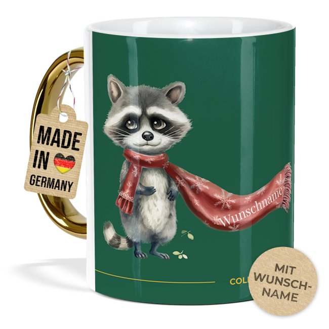 Weihnachtstasse mit Goldhenkel - Collecting Moments 2025 No. 05 - Waschb&auml;r - mit Name