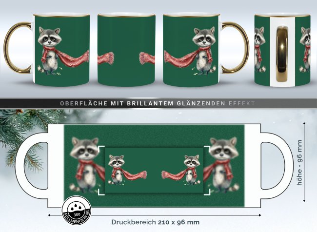 Weihnachtstasse mit Goldhenkel - Waschb&auml;r - mit Name