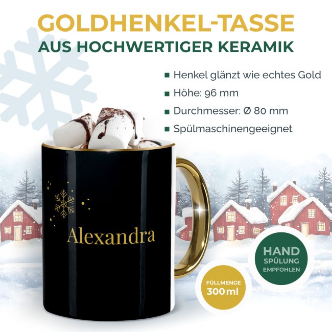 Weihnachtstasse mit Goldhenkel - Schneeflocke - mit Name