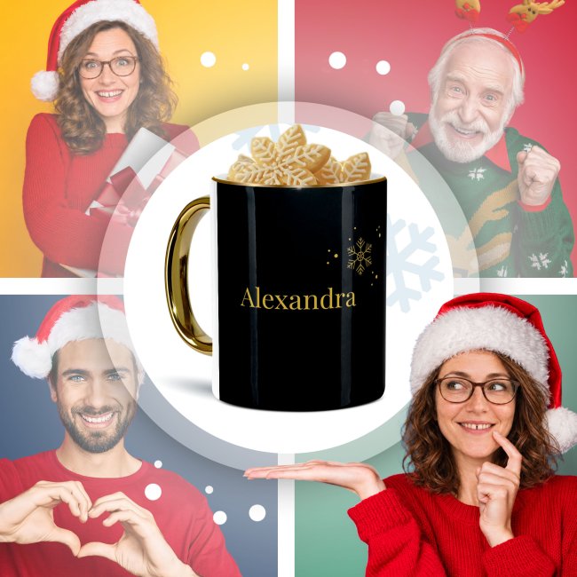 Weihnachtstasse mit Goldhenkel - Schneeflocke - mit Name