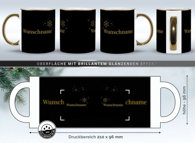Weihnachtstasse mit Goldhenkel - Schneeflocke - mit Name