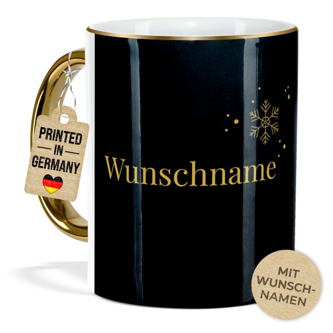 Weihnachtstasse mit Goldhenkel - Schneeflocke - mit Name