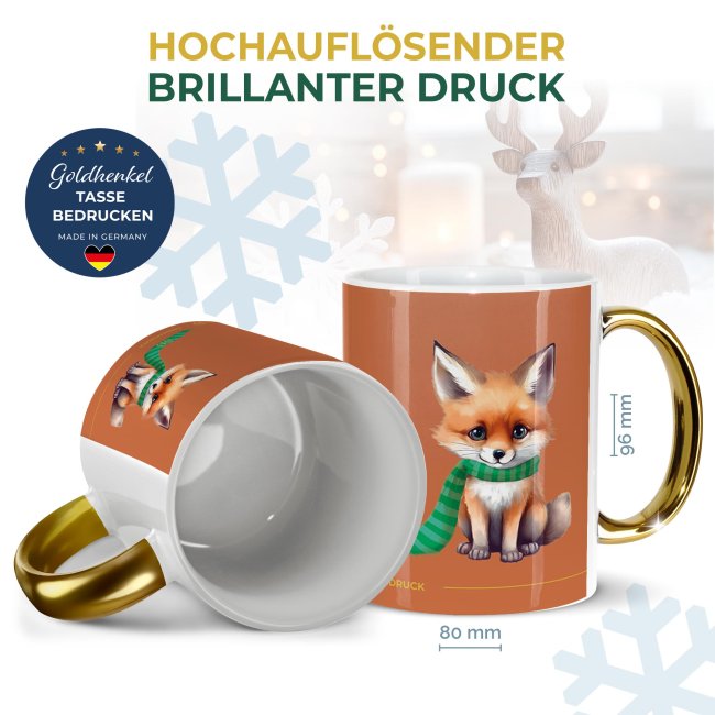 Weihnachtstasse mit Goldhenkel - Collecting Moments 2025 No. 08 - Fuchs - mit Initialen