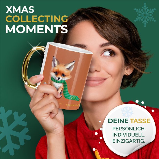 Weihnachtstasse mit Goldhenkel - Collecting Moments 2025 No. 08 - Fuchs - mit Initialen