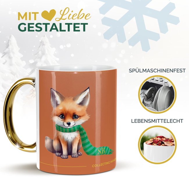 Weihnachtstasse mit Goldhenkel - Collecting Moments 2025 No. 08 - Fuchs - mit Initialen