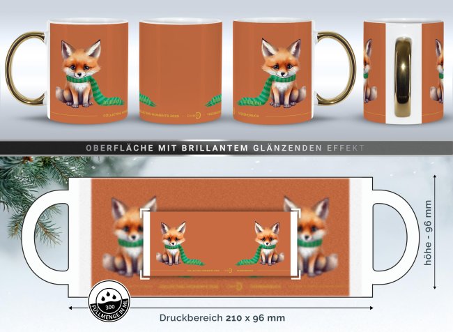 Weihnachtstasse mit Goldhenkel - Collecting Moments 2025 No. 08 - Fuchs - mit Initialen
