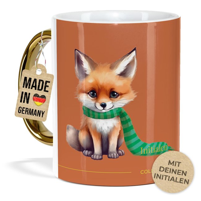 Weihnachtstasse mit Goldhenkel - Collecting Moments 2025 No. 08 - Fuchs - mit Initialen