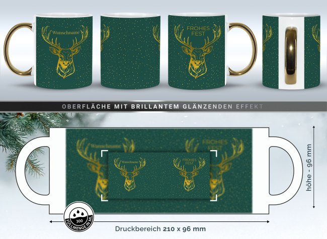 Weihnachtstasse mit Goldhenkel - Collecting Moments 2025 No. 11 - Hirsch - mit Name